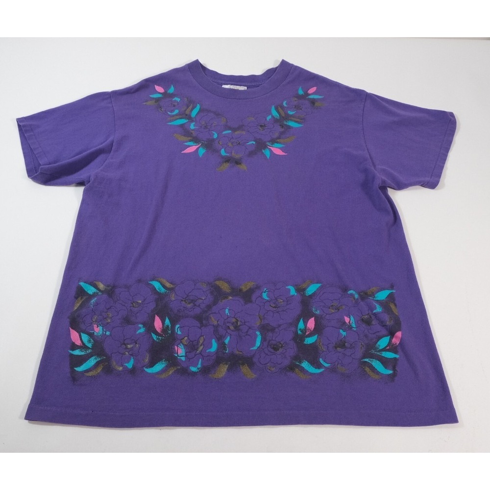 Jacques Moret Shirt Womens OS Purple Floral Vintage 80s Graphic Tee Short Sleeve